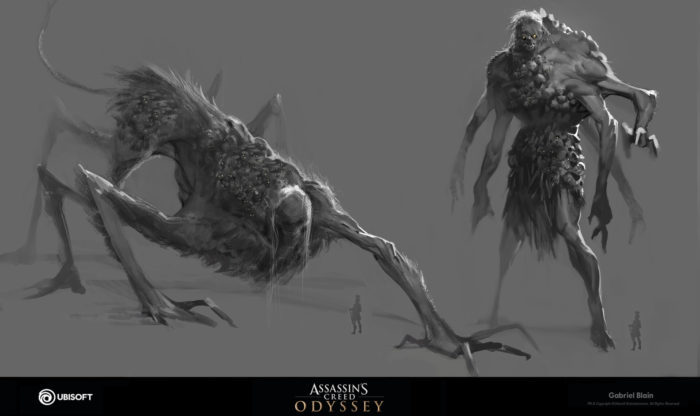 Centimani o Ecatonchiri, così come appaiono nel videogioco della Ubisoft "Assassin's Creed: Odyssey". Disegni dell'illustratore e concept artist Gabriel Blain