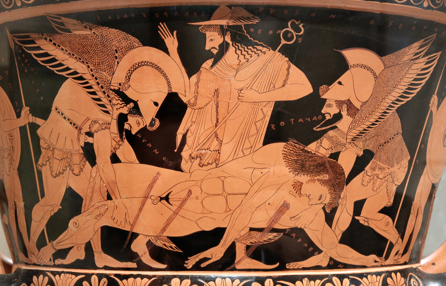 Morte di Sarpedonte mentre Hermes osserva, Cratere di Eufronio (515 a.C.), Attica