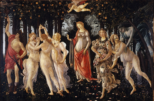 La Primavera, Sandro Botticelli  (1445–1510). Sono presenti Flora, Venere, Cupido e Mercurio