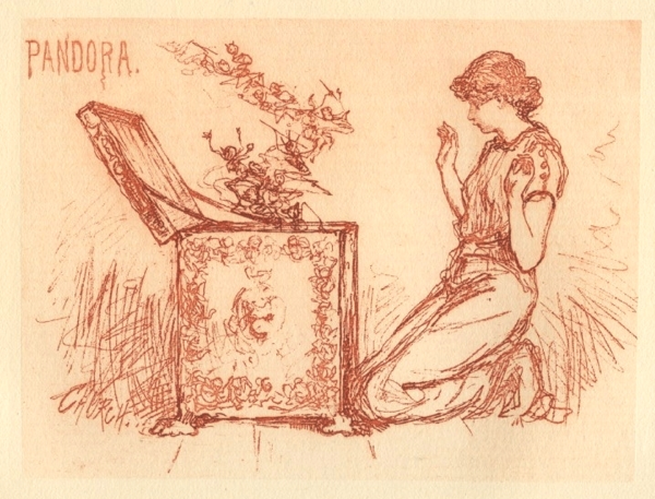  Pandora, incisione originale in miniatura di Frederick Stuart Church, pubblicata dalla The Riverside Press per l'Hawthorne Portfolio nel 1884.