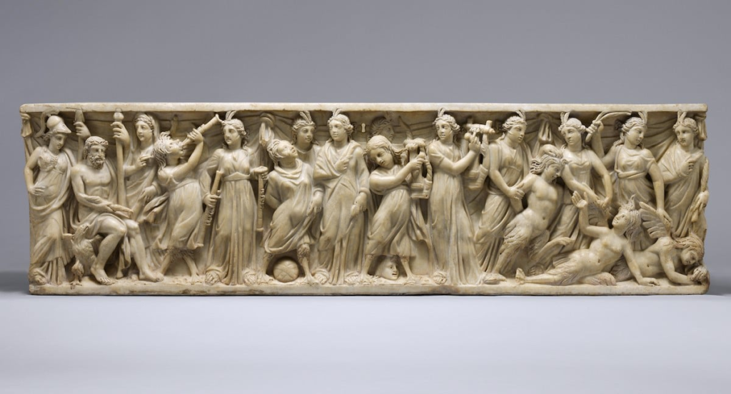 Sarcofago in marmo con gara tra le Muse e le Sirene, III secolo d.C. Epoca Romana. Marmo, Pentelico. The Metropolitan Museum of Art, New York