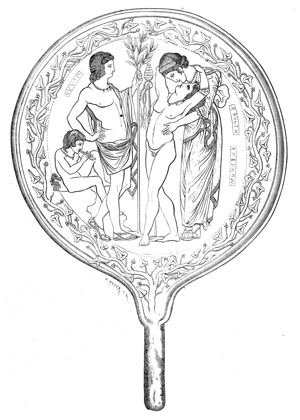 Specchio etrusco con Semele, suo figlio Bacco, Apollo e un Satiro
