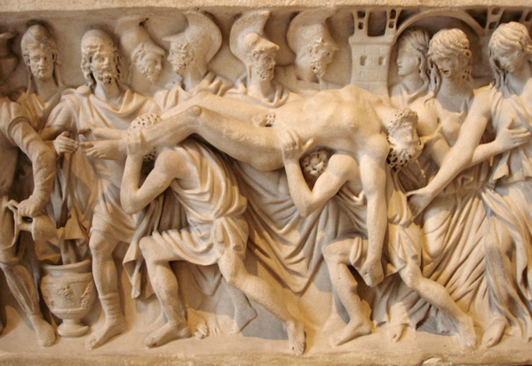 Il corpo di Ettore riportato a Troia, sarcofago romano, 180-200 d.C., Parigi, Museo del Louvre, dalla collezione Borghese.