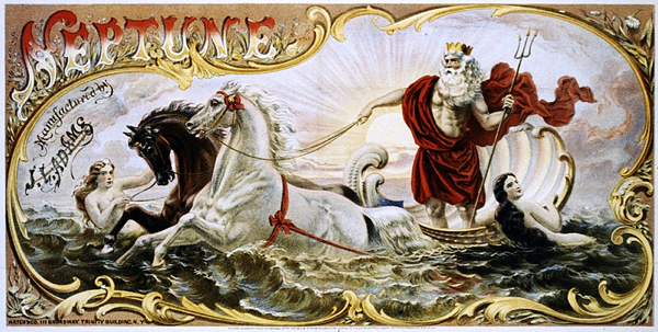 Nettuno, J.L. Adams. Etichetta di una confezione di tabacco con due ninfe e due cavalli che trainano Nettuno attraverso l'acqua. 1866
