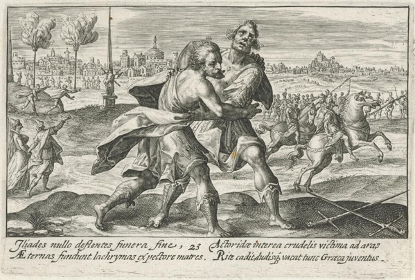 Odisseo e Aiace si contendono le armi di Achille, incisione, 1613