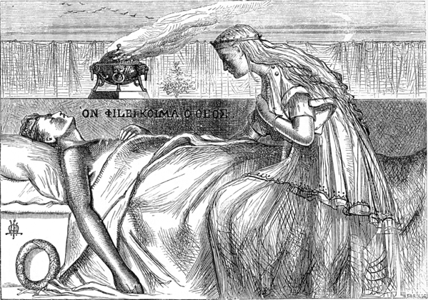 Illustrazione tratta dalla rivista -Once a Week-, 29 dicembre 1860, dalla poesia -La morte di Enone-. Raffigura Enone che osserva il suo amante Paride ferito a morte che non è in grado di guarire.