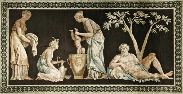 Ricamo su seta con scena della vita di Achille. Prima metà del 19th.secolo.