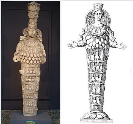 La Signora di Efeso - a sinistra, statua del I secolo al Museo di Efeso, e un'incisione del XVIII secolo - a destra - che riproduce una copia romana di una statua di Artemide del periodo Geometrico