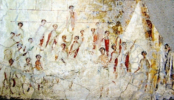 Un dipinto murale di Pompei che mostra un corteo di magistrati che indossano tutti le loro toghe bordate di porpora, la toga praetexta. (Edificio Murecine, I secolo d.C.)
