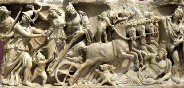 ￼Rapimento di Persefone da parte di Ade. Sarcofago romano del 200 d.C., Badisches Landesmuseum Karlsruhe.