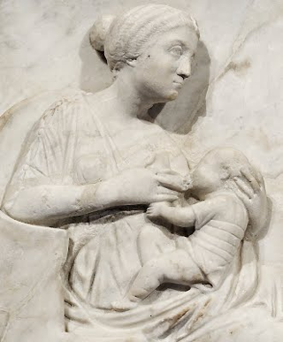 Bambino romano. Scene di allattamento al seno. Sarcofago di Marco Cornelio Stazio. Marmo. Circa 150 d.C Museo di Louvre. Parigi.
