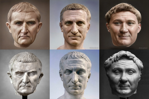 Busti e ricostruzioni 3d dei volti di Crasso, Cesare e Pompeo
