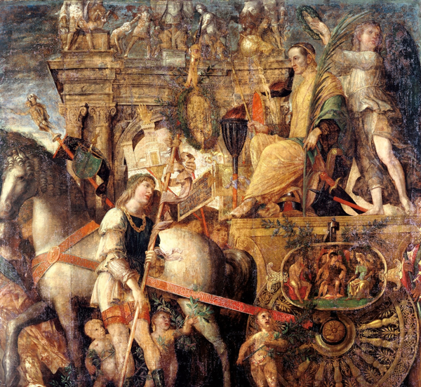 Giulio Cesare attraversa Roma con il suo carro trionfale in questo dipinto del XV secolo di Andrea Mantegna, esposto a Hampton Court Palace, Londra.
