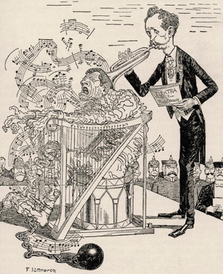 L'opera Elektra di Richard Strauss in una caricatura di F. Jüttner. La didascalia recita: L'esecuzione elettrica. Fatta a pezzi da Strauss,