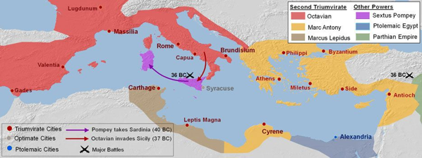Mappa della spartizione dei domini di Roma nel Secondo Triumvirato