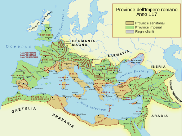Mappa della suddivisione delle Province Senatoriali e Imperiali nel 117 d.C.