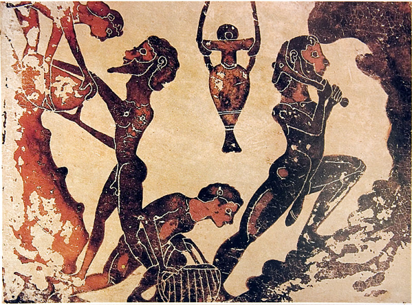 Tavoletta votiva corinzia in terracotta a figure nere di schiavi che lavorano in miniera, datata alla fine del VII secolo a.C.