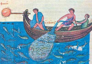 Un'immagine tardo bizantina che mostra la pesca al fuoco con un cesto e una rete