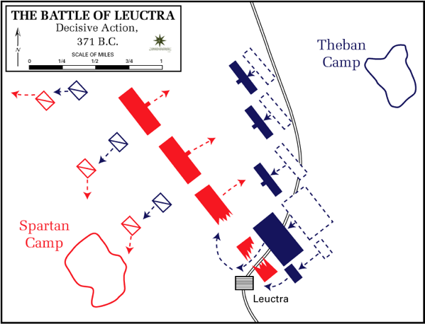 Battaglia di Leutra, 371 a.C. I Tebani (in blu) avanzano in fila contro la linea spartana. Il fianco sinistro tebano è molto più forte di quello destro, costituendo un'applicazione dell'ordine obliquo.