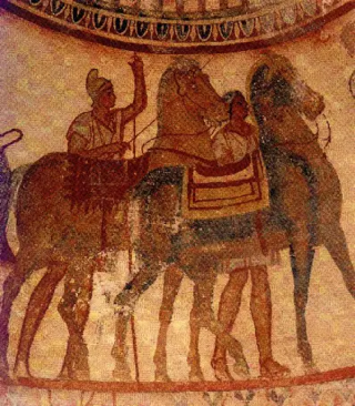 Cavaliere trancio con cavalli sellati dalla tomba tracia di Kazanlak
