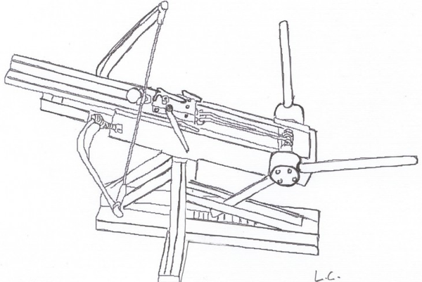 Gastraphes di Zopiros o Petrobolo (lanciatore di palle di pietra) IV secolo a.C. Disegno da https://leg8.fr/)