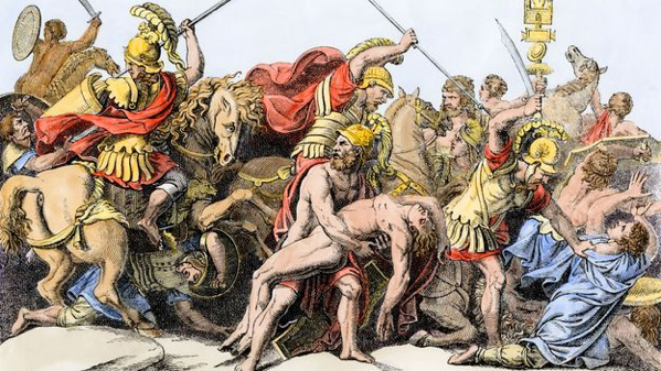Incisione dell'Ottocento con disegno di un combattimento nella Grecia classica