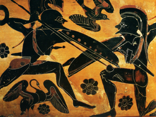Pittura vascolare greca con cambattimento di opliti