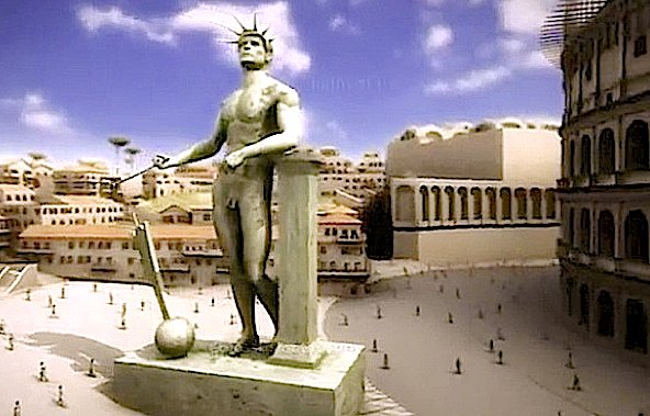 Ricostruzione 3d della statua colossale di Nerone. Presso di essa sorgerà L'Anfiteatro Flavio che dal monumento prenderà il nome di Colosseo.