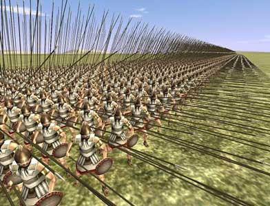 Una schermata del gioco per computer Rome: Total War, copyright 2004 di Activision e Creative Assembly. È una rappresentazione abbastanza buona di una falange macedone, con la principale eccezione che le lance erano impugnate con due mani e non con una. Lo scudo era legato al braccio anziché essere tenuto in mano.