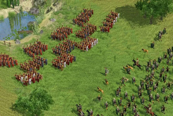 Simulazione di armate romane in formazioni da combattimento, da un videogioco