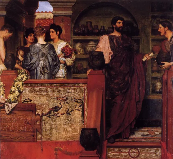 Adriano in visita a un laboratorio di ceramica della britannia romana, Lawrence Alma Tadema, 1884