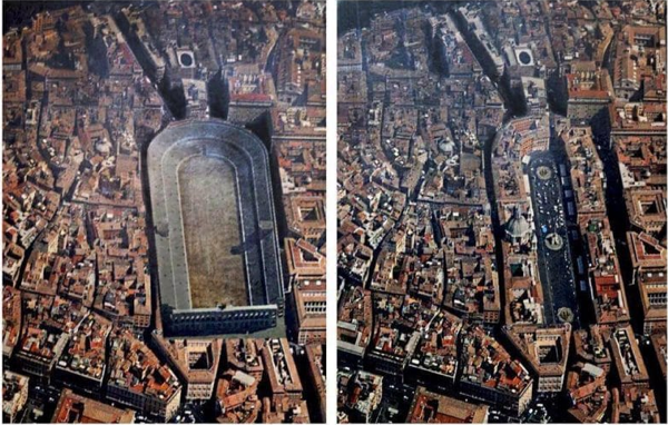 Lo Stadio di Domiziano (a sinistra) e l'odierna Piazza Navona (a destra)