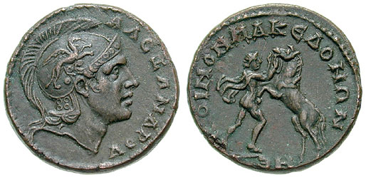 Moneta del periodo di Alessandro Severo, raffigurante Alessandro Magno e il cavallo Bucefalo