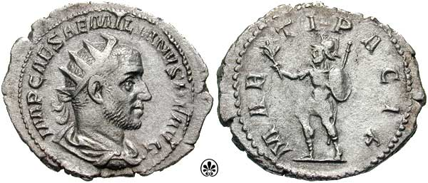 Moneta di Emiliano, che mostra al dritto il dio della guerra Marte