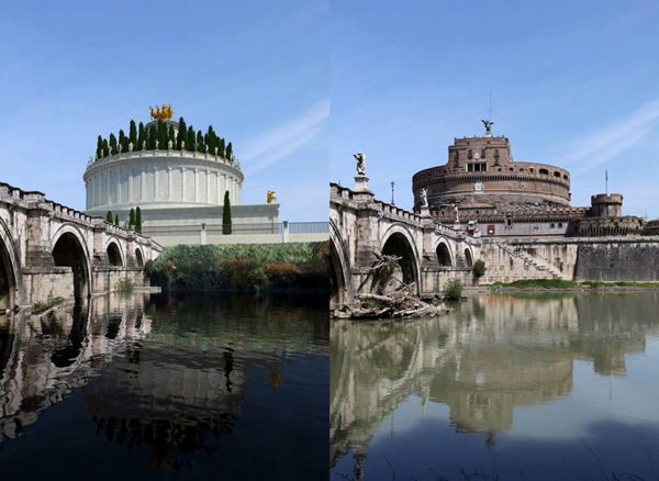 Ricostruzione del Mausoleo di Adriano (a sinistra) e l'attuale Castel Sant'Angelo a destra