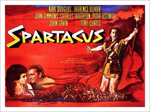 Locandina del film, Spartacus con Kirk Douglas, Laurence Olivier, Jean Simmons, Charles Laughton, Peter Ustinov. Diretto da Stanley Kubrick, scritto da Dalton Trumbo. 1960 