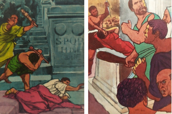 A sinistra: I Patrizi uccidono Tiberio Gracco (133 a.C.). A destra: Caio Gracco si fa uccidere da uno schiavo (121 a. C.)