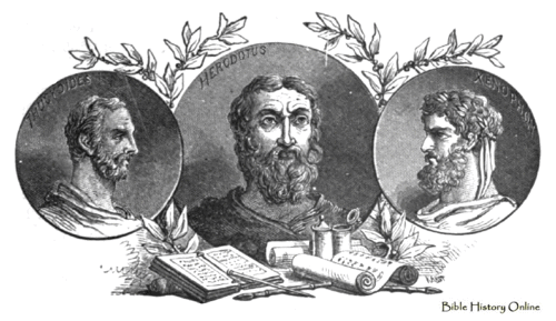 Storici greci. Al centro Erodoto, a sinistra Tucidide e a destra Senofonte