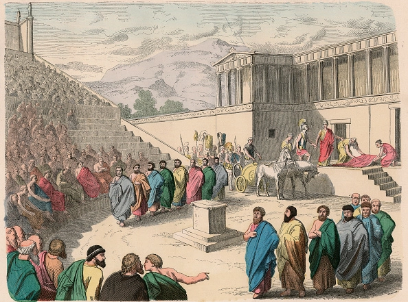 Rappresentazione di una tragedia greca. Incisione ottocentesca