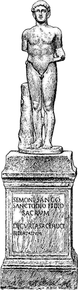 Illustrazione di una statua di Sancus rinvenuta nel Santuario dei Sabini al Quirinale. Sanco Semone era un Dio di origine sabina, protettore dei giuramenti, dei voti nuziali, dell'ospitalità, della legge e del commercio 