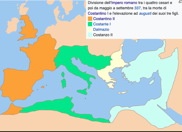 Divisione dell'Impero romano tra i quattro cesari e poi da maggio a settembre 337, tra la morte di Costantino I e l'elevazione ad augusti dei suoi tre figli. (fonte Wikipedia)