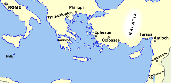 Geografia del bacino del Mediterraneo teatro della vita e dell'apostolato di Paolo, che si estende da Gerusalemme in basso a destra a Roma in alto a sinistra.