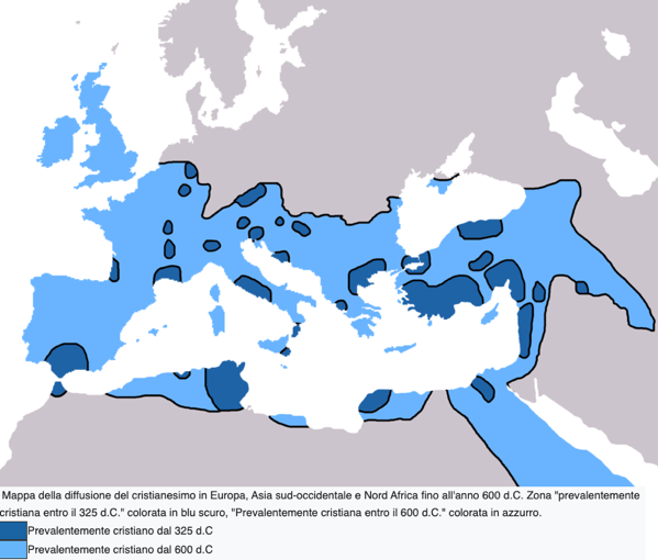 Mappa della diffusione del cristianesimo in Europa, Asia sud-occidentale e Nord Africa fino al 600 d.C.