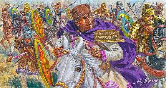 Battaglia di Adrianopoli, 378 d.C. L'imperatore romano Valente tenta di sfuggire al disastro, ma viene poi ucciso dai Goti quando viene circondato. dipinto di Giuseppe Rava