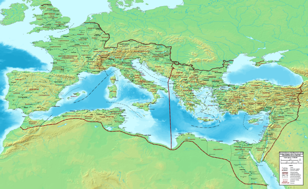 L'Impero Romano intorno al 400, che mostra la divisione tra Oriente e Occidente, nonché le rispettive province e diocesi.