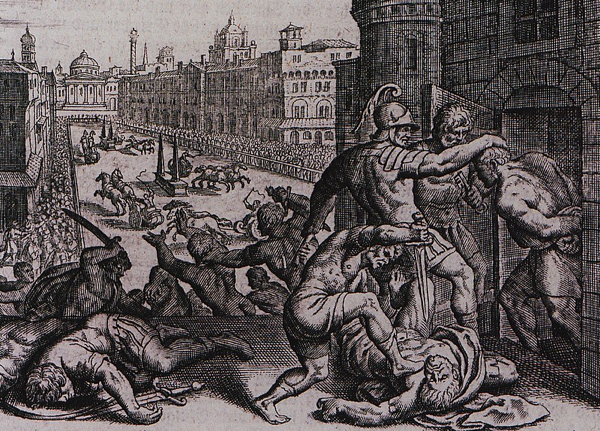 Massacro nell'Ippodromo di Tessalonica (Salonicco) nel 390, incisione su legno del XVI secolo