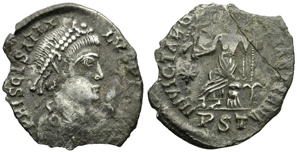 Moneta di Prisco Attalo recante al rovescio la leggenda INVICTA ROMA AETERNA, "Invitta Roma Eterna"