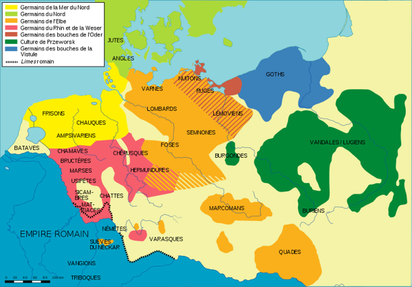 Posizione dei popoli germanici nel 50 d.C., che mostra i Quades (in arancione) sulla riva nord del Danubio.