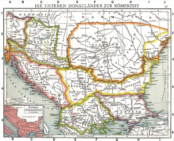 Province romane lungo il Danubio: Dacia, Messia e Tracia, con la Sarmatia a nord e la Germania a nord-ovest.