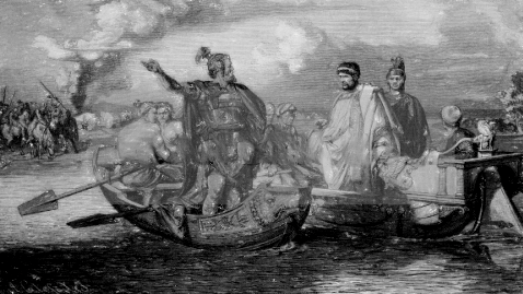 Valente e Fritigerno, 376 d.C. L'imperatore romano Valente permette al capo visigoto Fritigerno di attraversare il Danubio con il suo popolo per sfuggire all'attacco degli Unni, 376 d.C. Incisione al tratto, XIX secolo.